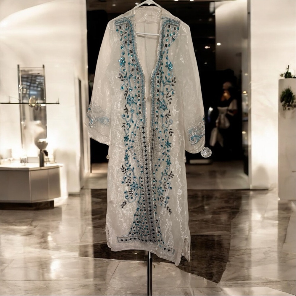 Source Unknown White Sheer Embroidered Duster with Turquoise Accents